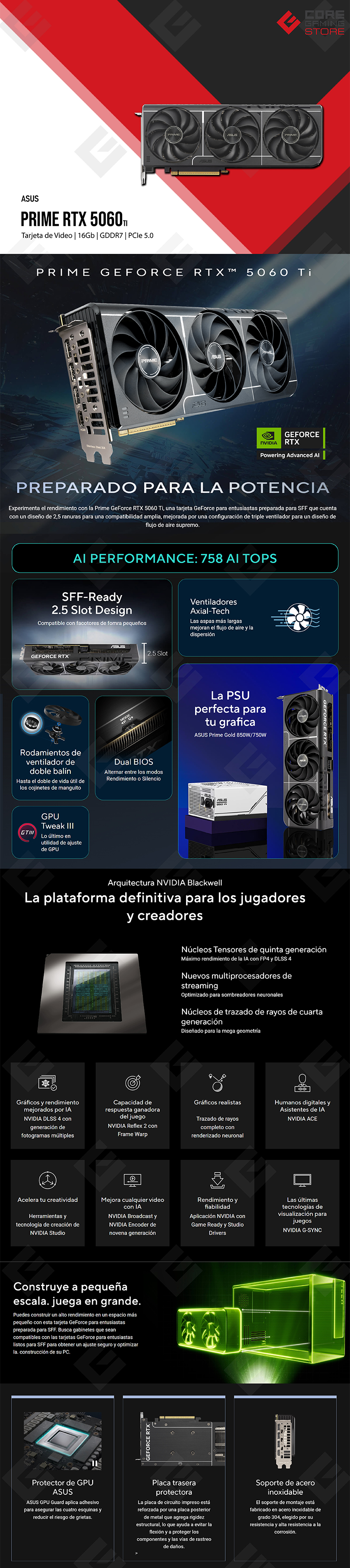 Tarjeta de Video ASUS Prime GeForce RTX 5060 Ti, 16GB GDDR7, PCIe 5.0, Triple Ventilador Axial-Tech, 4 Salidas de Video – PRIME-RTX5060TI-16G
