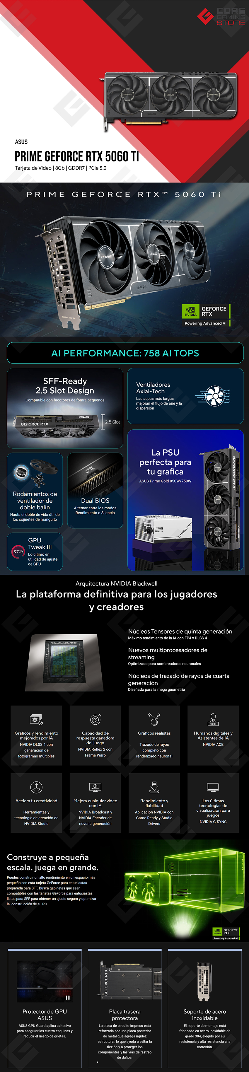 Tarjeta de video ASUS PRIME GeForce RTX 5060 Ti, 8GB, GDDR7, PCI Express 5.0 - PRIME-RTX5060TI-8G
