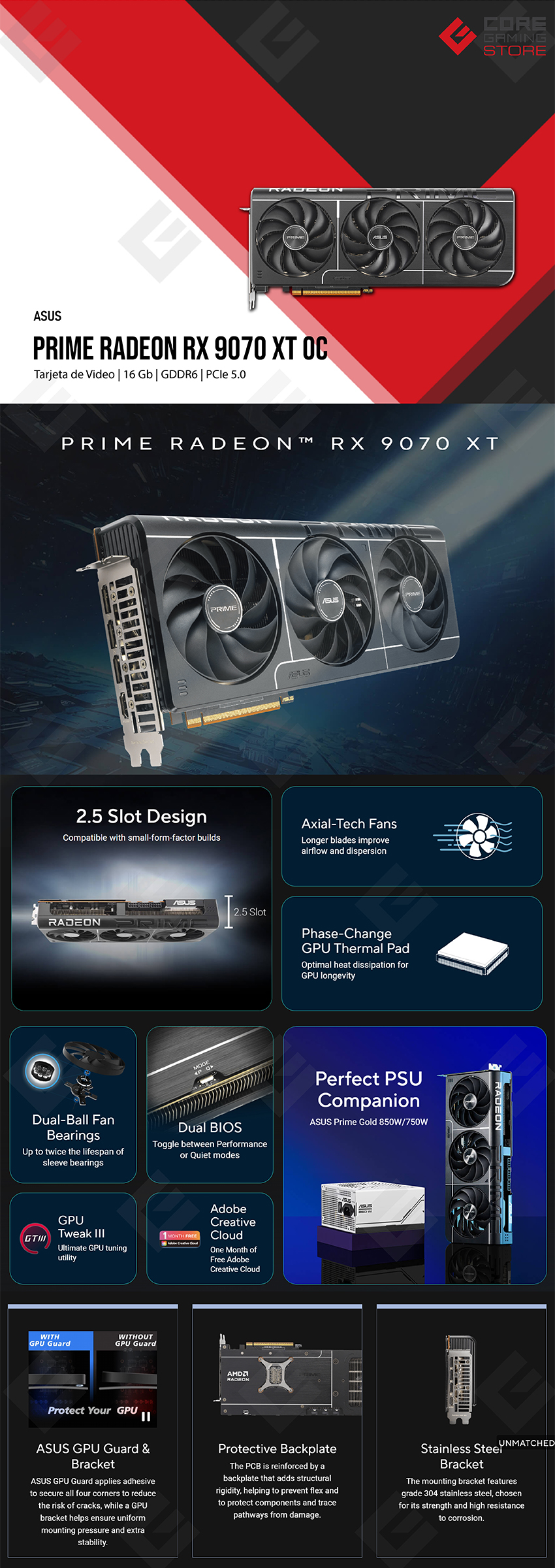 Tarjeta de video ASUS PRIME Radeon RX 9070 XT OC Edition, 16GB, GDDR6, PCI Express 5.0 - PRIME-RX9070XT-O16G