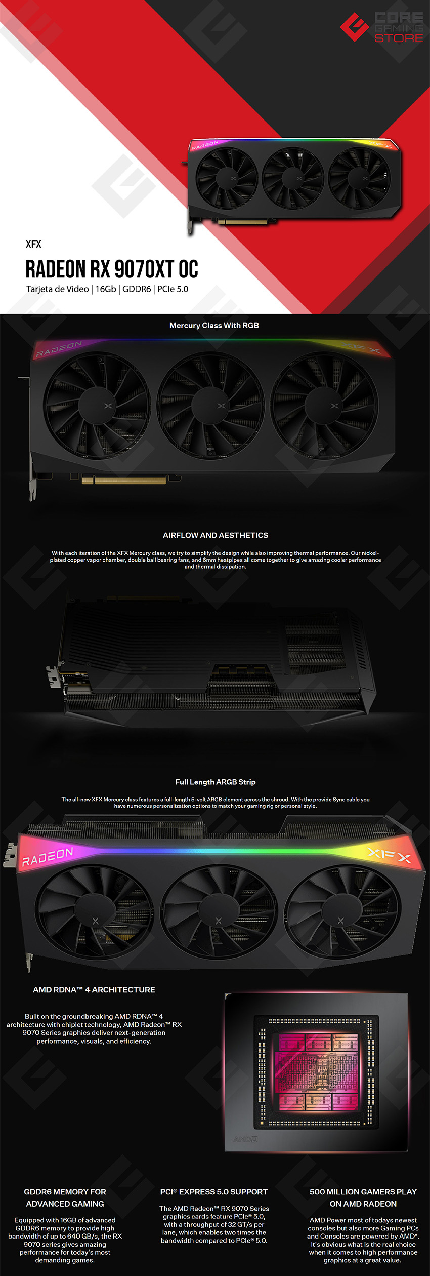 Tarjeta de Video AMD XFX Radeon RX 9070 XT Mercury OC Gaming Edition, 16GB GDDR6, PCI Express 5.0 - RX-97TRGBBB9
