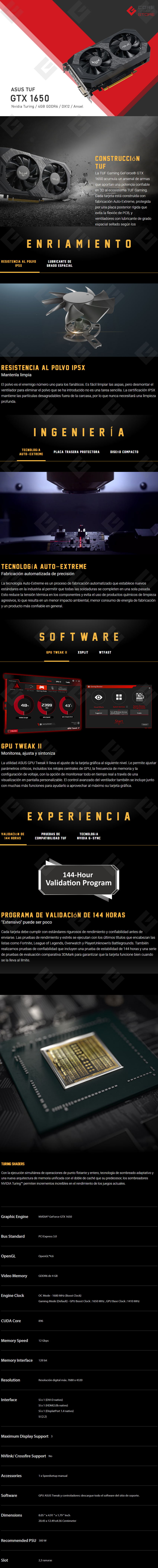 Tarjeta de Video Nvidia Asus TUF Gaming GeForce GTX 1650 4GB GDDR6 - TUF-GTX1650-4GD6-P-GAMING - (Venta exclusiva en ensamble, no para su venta individual)
