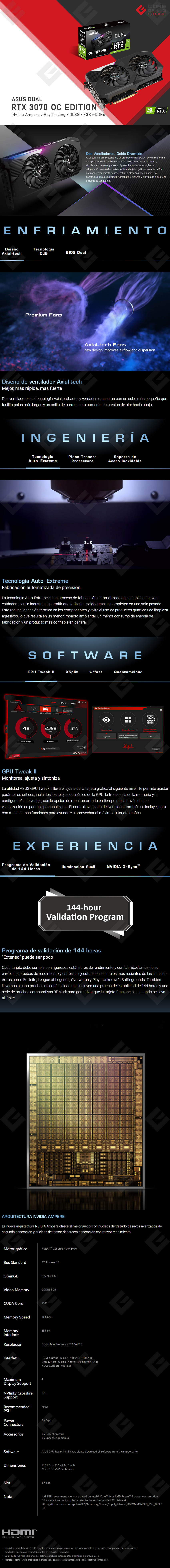 Tarjeta de video Nvidia Asus Dual Geforce RTX 3070 OC Edition, 8GB GDDR6, RGB - DUAL-RTX3070-O8G - (Venta exclusiva por transferencia electrónica o depósito bancario)