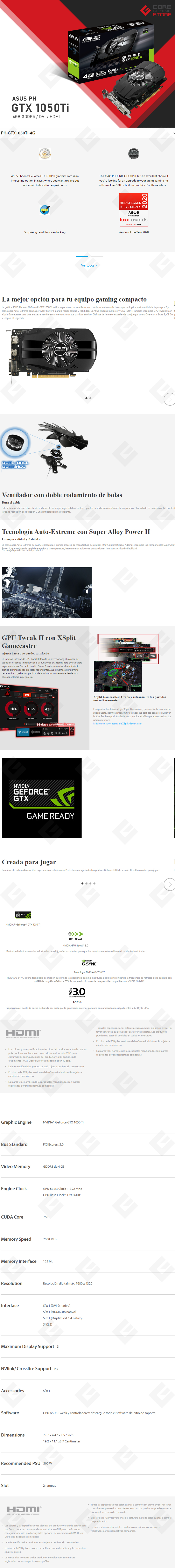 Tarjeta de Video Nvidia Asus Phoenix GeForce GTX 1050 Ti, 4GB GDDR5 - PH-GTX1050TI-4G - (Venta exclusiva por transferencia electrónica o depósito bancario)