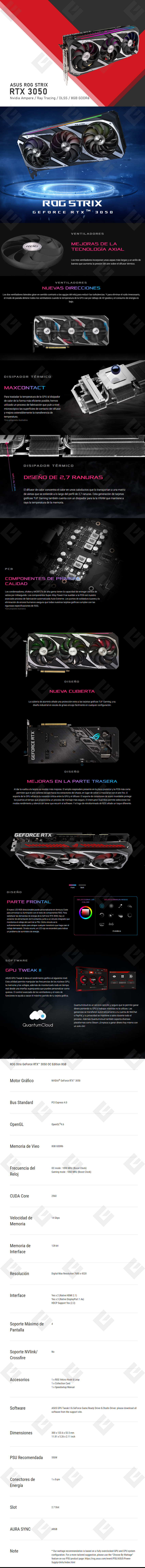 Tarjeta de video Nvidia Asus ROG Strix GeForce RTX 3050 OC Edition 8GB GDDR6, Aura Sync - ROG‑STRIX‑RTX3050‑O8G‑GAMING