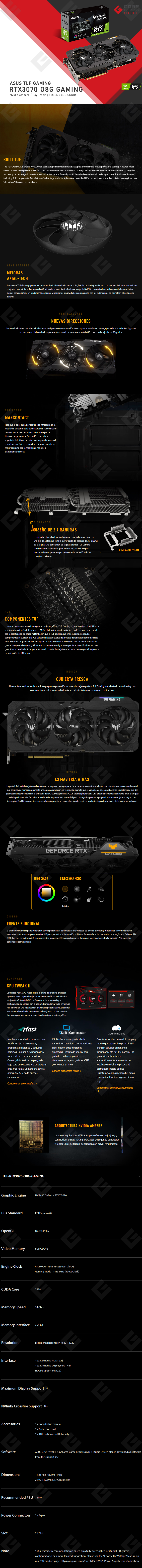 Tarjeta de video Nvidia Asus TUF Gaming Geforce RTX 3070 OC Edition, 8GB GDDR6, RGB - TUF-RTX3070-O8G-GAMING - (Venta exclusiva por transferencia electrónica o depósito bancario)