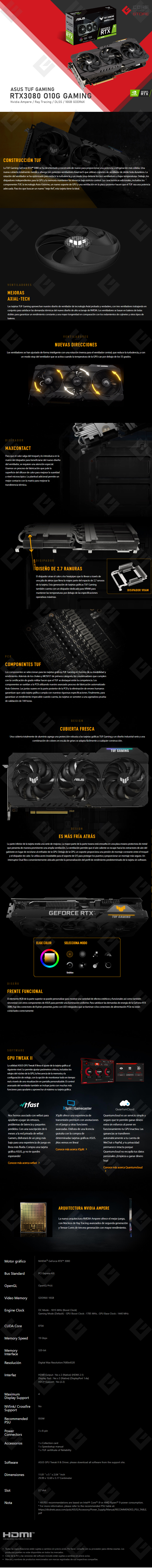 Tarjeta de video Nvidia Asus TUF Gaming Geforce RTX 3080 O10G Gaming, 10GB GDDR6X, Aura Sync - TUF-RTX3080-O10G-GAMING - (Venta exclusiva por transferencia electrónica o depósito bancario)