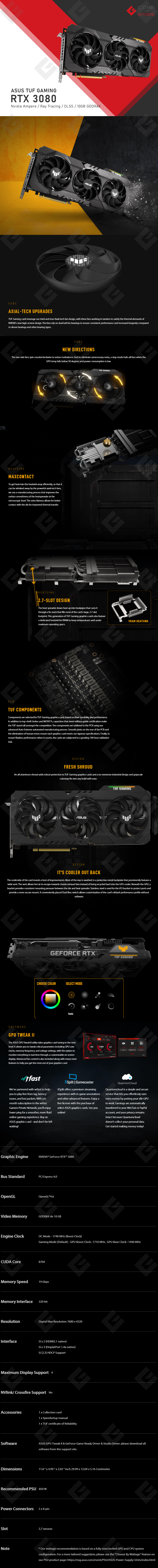 Tarjeta de video Nvidia Asus TUF Gaming Geforce RTX 3080 10GB GDDR6X, Aura Sync - TUF-RTX3080-10G-GAMING - (Venta exclusiva por transferencia electrónica o depósito bancario)