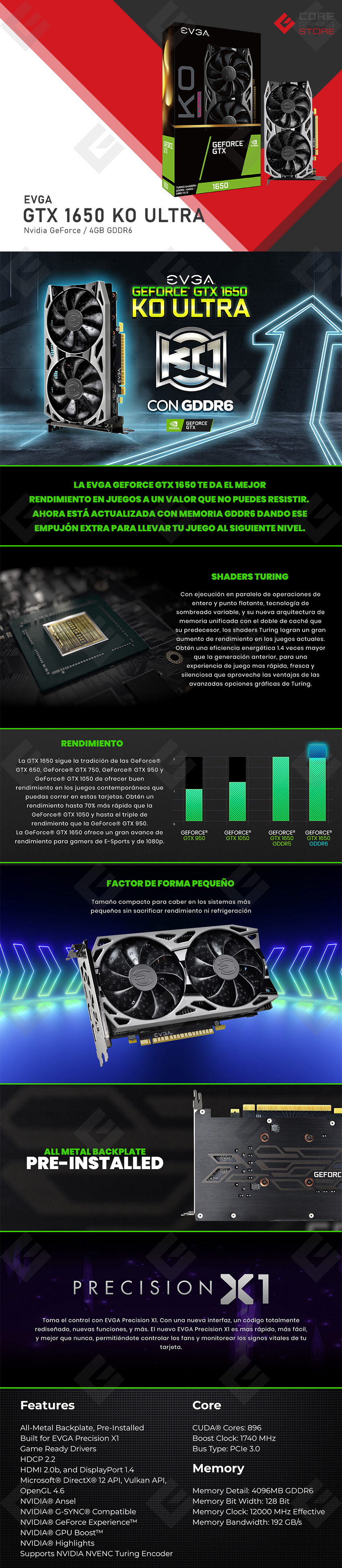 Tarjeta de Video Nvidia EVGA GeForce GTX 1650 KO Ultra, 4GB GDDR6, Metal Blackplate - 04G-P4-1457-KR