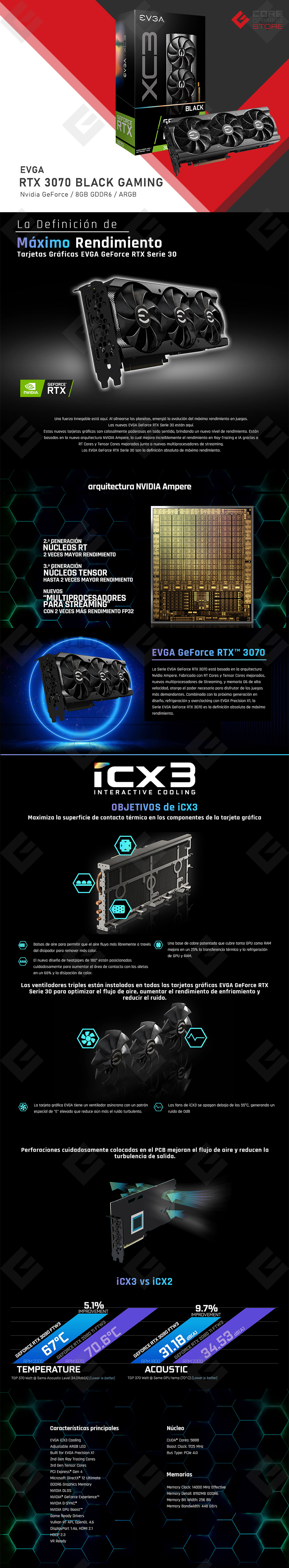 Tarjeta de Video Nvidia EVGA GeForce RTX 3070 XC3 Ultra Gaming, 8GB GDDR6, ARGB - 08G-P5-3755-KR - (Venta exclusiva por transferencia electrónica o depósito bancario)