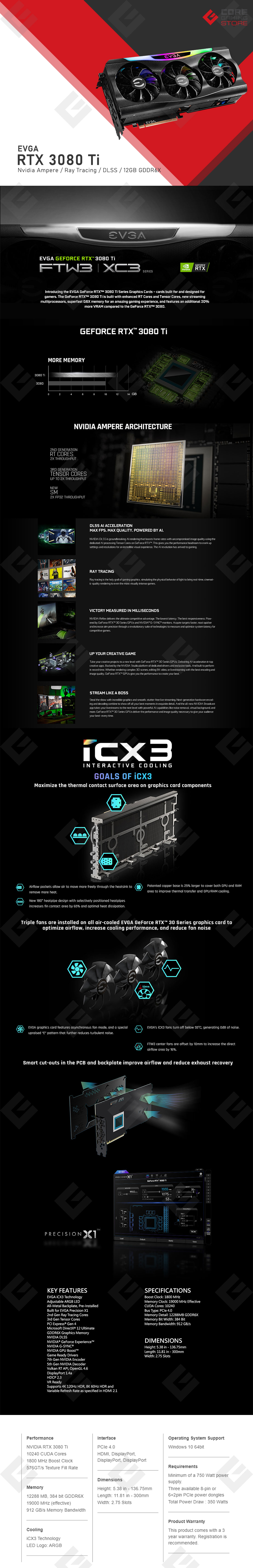 Tarjeta de video Nvidia EVGA GeForce RTX 3080 Ti FTW3 Ultra Gaming 12GB GDDR6X, ICX3 Technology, ARGB Led, Metal Backplate - 12G-P5-3967-KR - (Venta exclusiva por transferencia electrónica o depósito bancario).