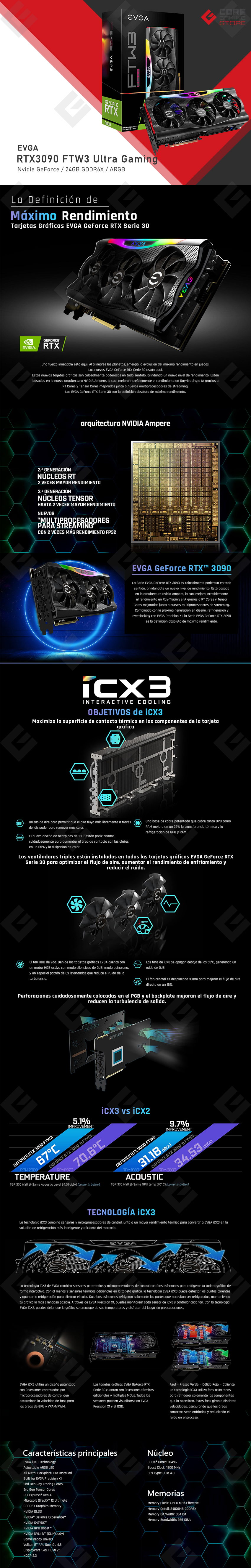 Tarjeta de Video Nvidia EVGA GeForce RTX 3090 FTW3 Ultra Gaming, 24GB GDDR6X, ARGB, Metal Blackplate - 24G-P5-3987-KR