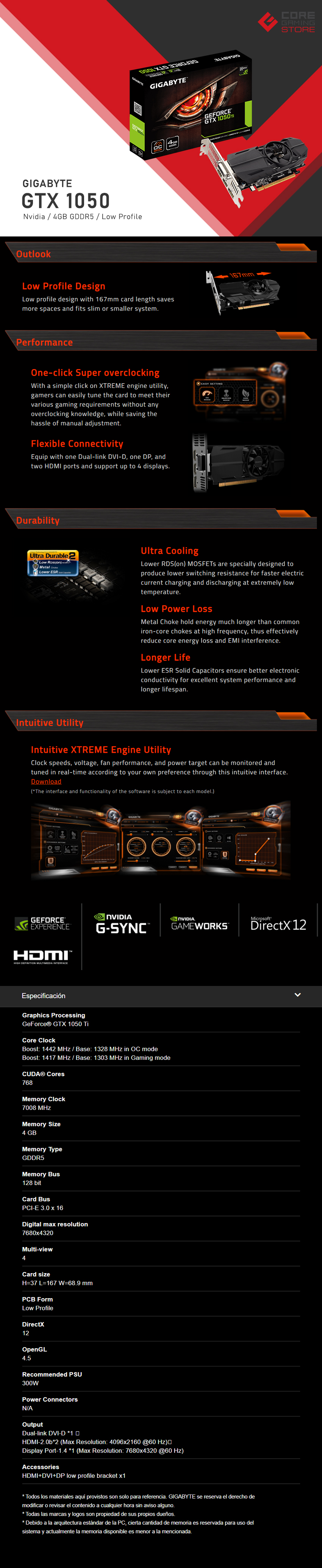 Tarjeta de Video Nvidia Gigabyte GTX 1050 Ti OC Low Profile, 4GB GDDR5, GV-N105TOK-4GL