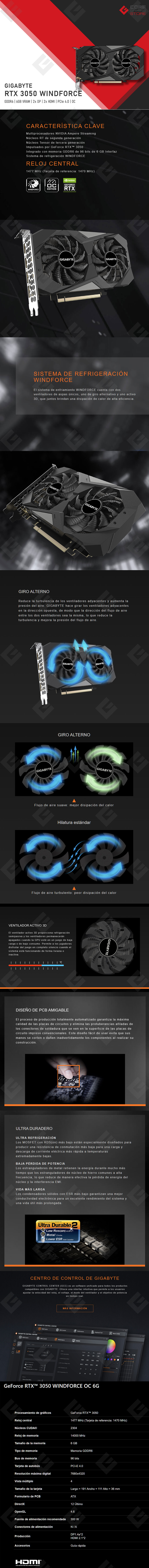 Tarjeta de video Nvidia Gigabyte Windforce OC GeForce RTX 3050, 6GB GDDR6 - GV-N3050WF2OC-6GD