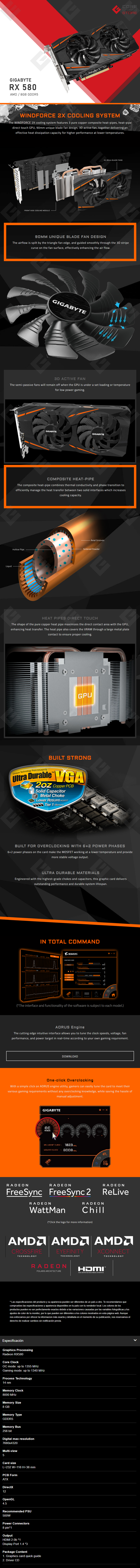 Tarjeta de Video AMD Gigabyte Radeon RX 580 8 GB GDDR5 (Rev.2.0)