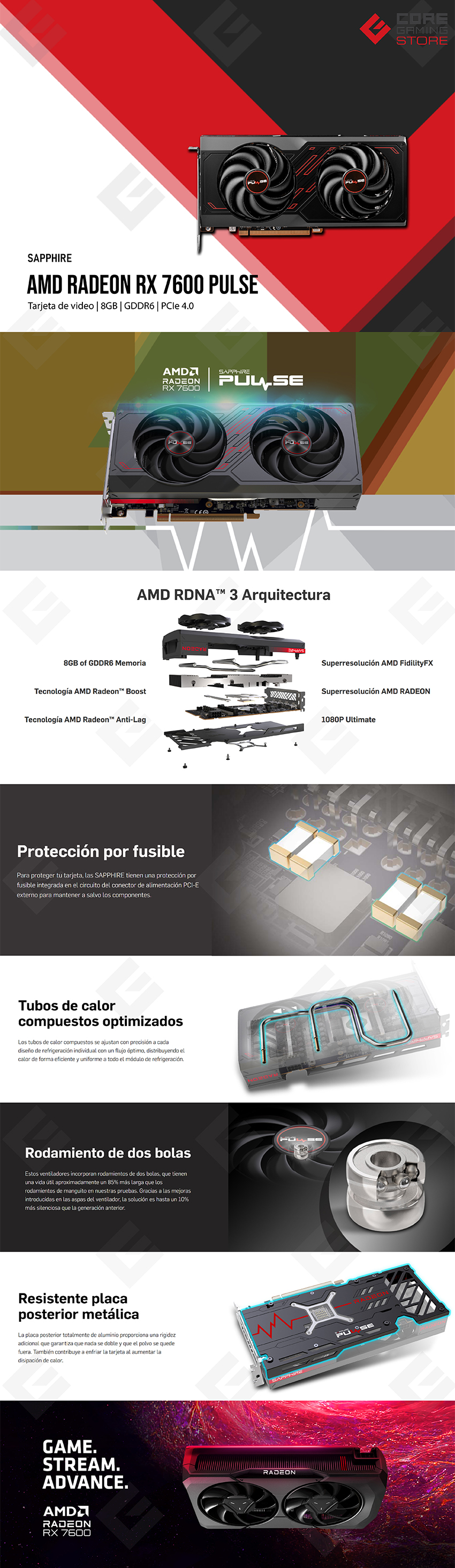 Tarjeta de Video AMD Radeon Sapphire RX 7600 Pulse, 8GB GDDR6, Negro - 11324-01-20G