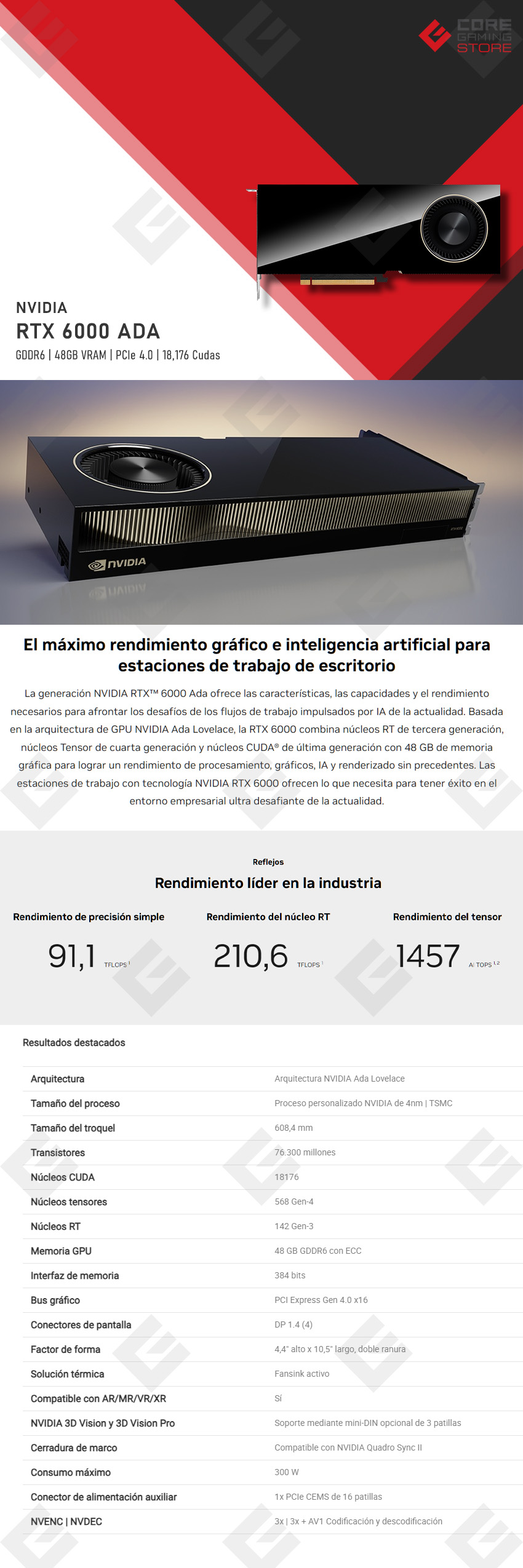 Tarjeta de Video Nvidia RTX 6000 ADA 48GB GDDR6, 18,176 Cuda Cores, PCIe 4.0, x4 Displayport