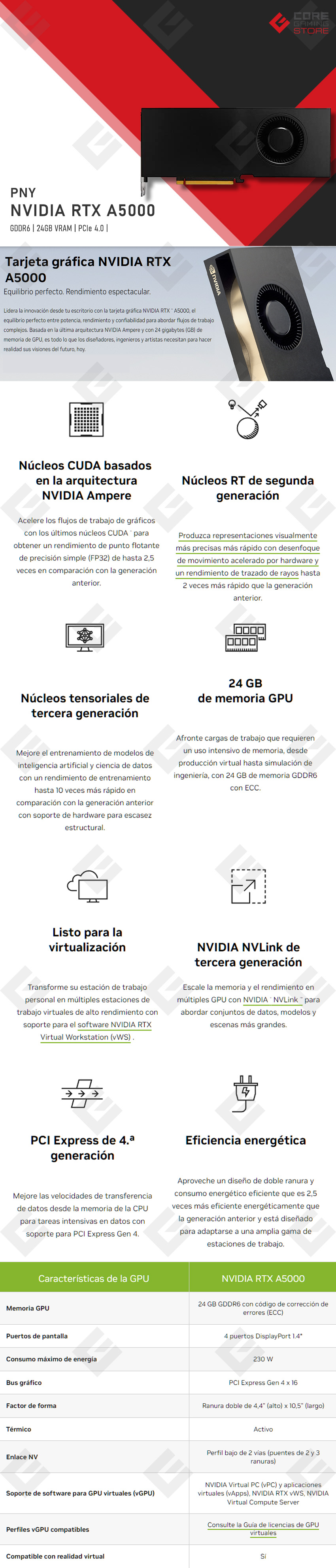 Tarjeta de Video Nvidia PNY Quadro RTX A5000 24GB GDDR6, 8,192 Cuda Cores, PCIe 4.0, x4 Displayport, VCNRTXA5000-PB, Bulk