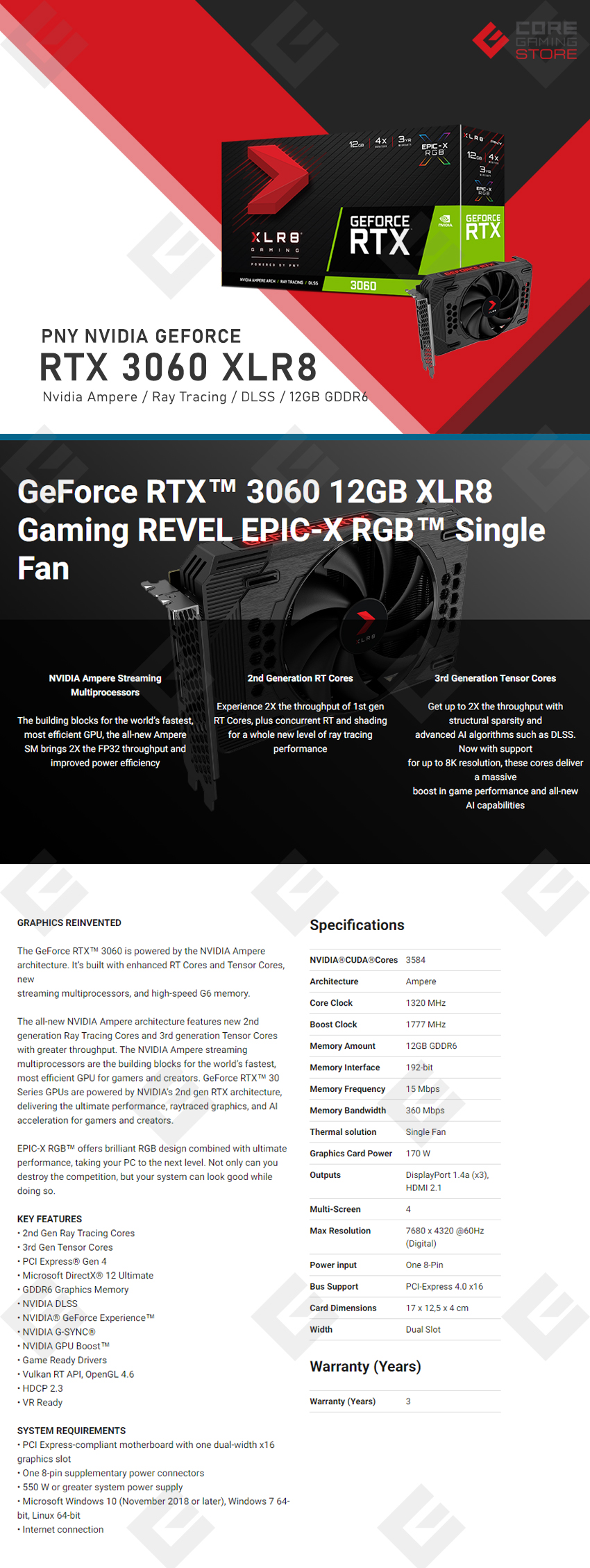 Tarjeta de Video Nvidia PNY GeForce RTX 3060 12GB XLR8 Gaming REVEL EPIC-X RGB Single Fan - VCG306012SFXPPB - (Venta exclusiva por transferencia electrónica o depósito bancario)