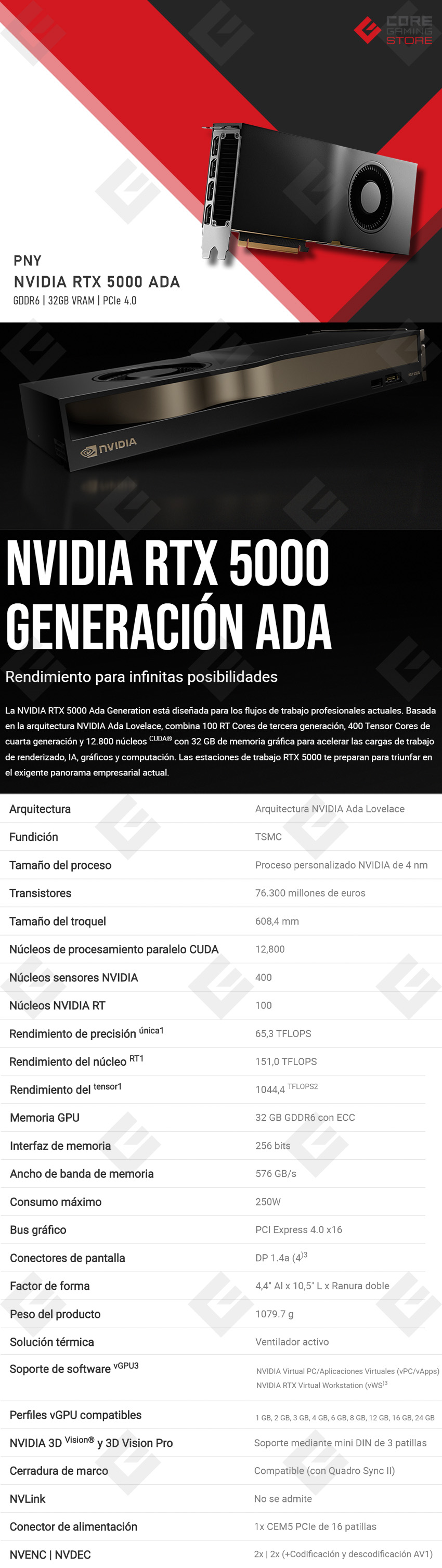 Tarjeta de Video Nvidia PNY Quadro RTX 5000 ADA 32GB GDDR6, 12,800 Cuda Cores, PCIe 4.0, x4 Displayport - VCNRTX5000ADA-BLK