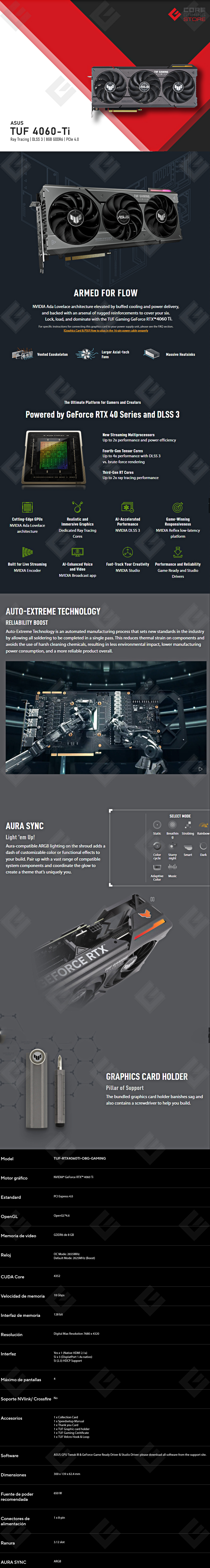 Tarjeta de video Nvidia Asus TUF Gaming GeForce RTX 4060-Ti 8GB GDDR6 OC Edition, Nvidia DLSS 3, Aura Sync - TUF-RTX4060TI-O8G-GAMING