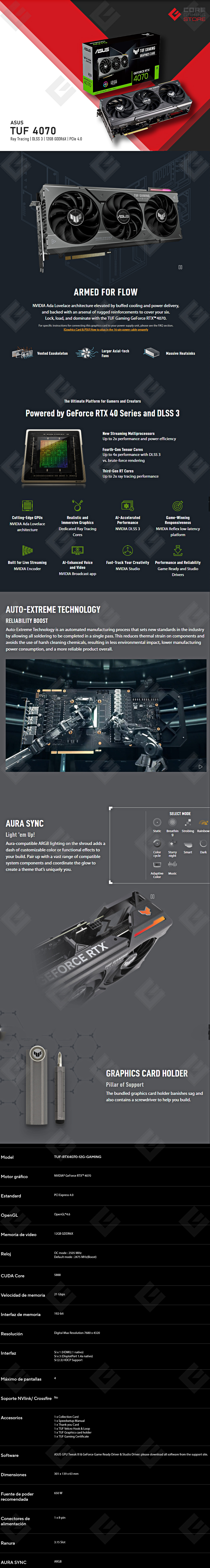 Tarjeta de video Nvidia Asus TUF Gaming GeForce RTX 4070 12GB GDDR6X Edition, Nvidia DLSS 3, Aura Sync - TUF-RTX4070-12G-GAMING