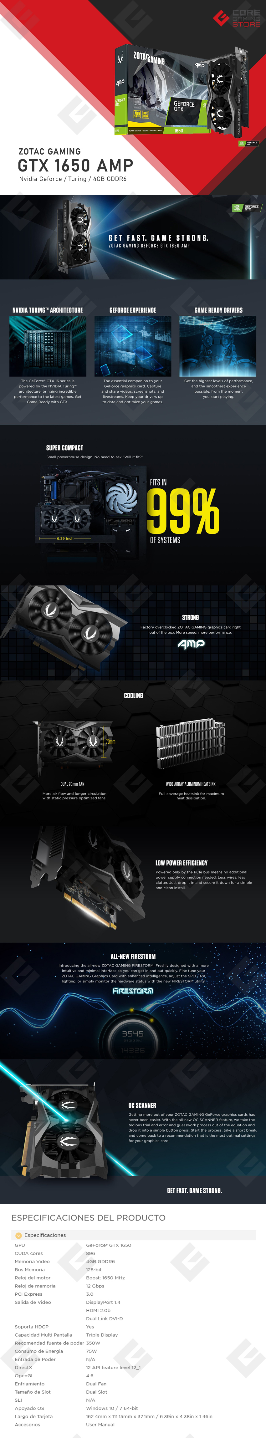 Tarjeta de Video Nvidia Zotac Gaming GeForce GTX 1650 AMP 4GB GDDR6 - ZT-T16520D-10L - (Venta exclusiva por transferencia electrónica o depósito bancario).