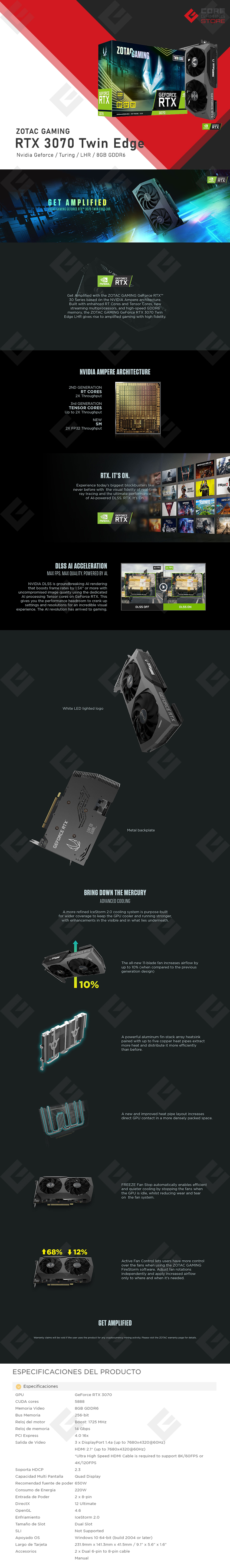 Tarjeta de Video Nvidia Zotac Gaming Geforce RTX 3070 Twin Edge LHR, 8GB GDDR6, - ZT-A30700E-10PLHR - (Venta exclusiva por transferencia electrónica o depósito bancario)