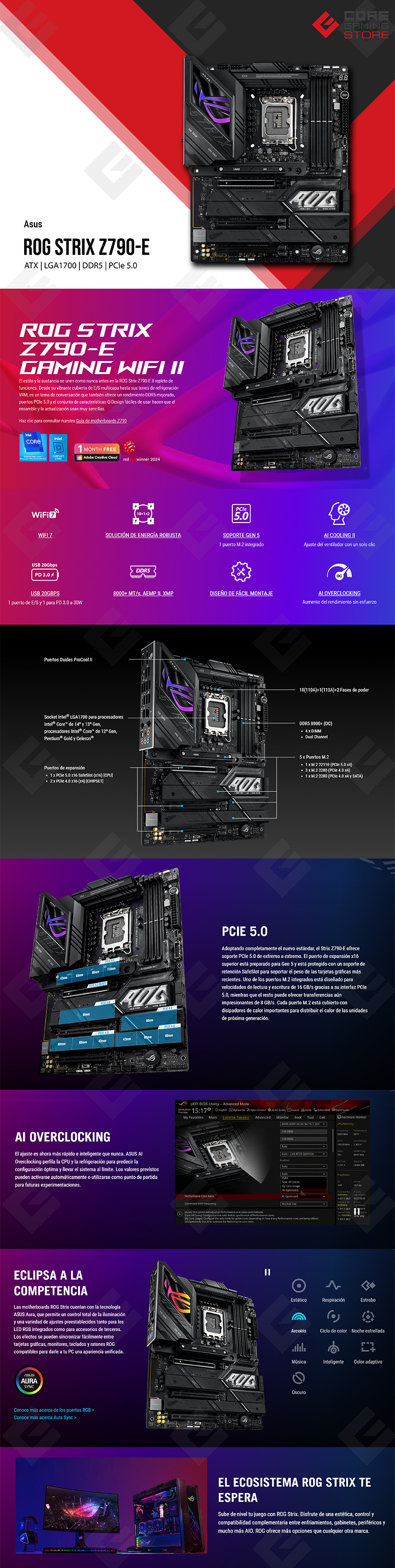Tarjeta Madre ASUS ROG Strix Z790-E Gaming WiFi II, ATX, 12th, 13th & 14th Gen Intel, LGA 1700, DDR5 8000MHz (OC), PCIe 5.0, Wi-Fi 7, Bluetooth v5.4 - Z790-E-ROG-STRIX-GAMING-WIFI-II