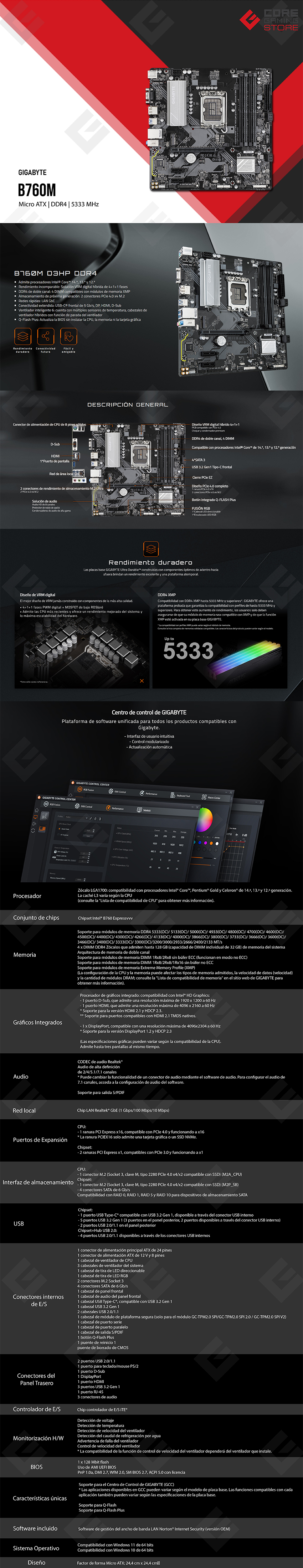 Tarjeta Madre GIGABYTE B760M D3HP DDR4, Micro-ATX, 12th, 13th & 14th Gen Intel, LGA 1700, DDR4 5333MHz (OC), PCIe 4.0