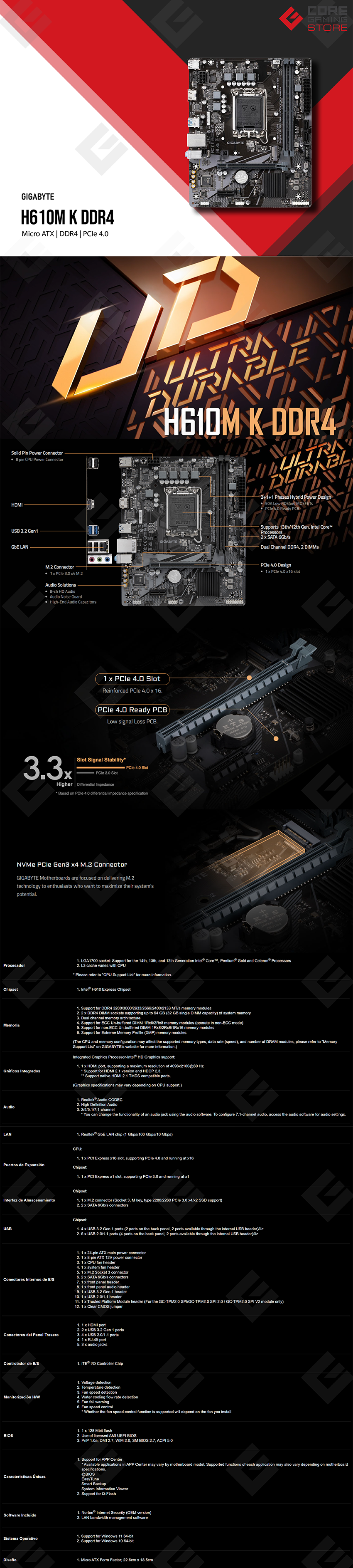 Tarjeta Madre Gigabyte H610M H DDR4, Micro-ATX, 12th, 13th y 14th Gen Intel, LGA1700, DDR4 3200MHz, Intel H610 Express, HDMI, D-Sub, M.2, GbE LAN - B0C3XJPGM6