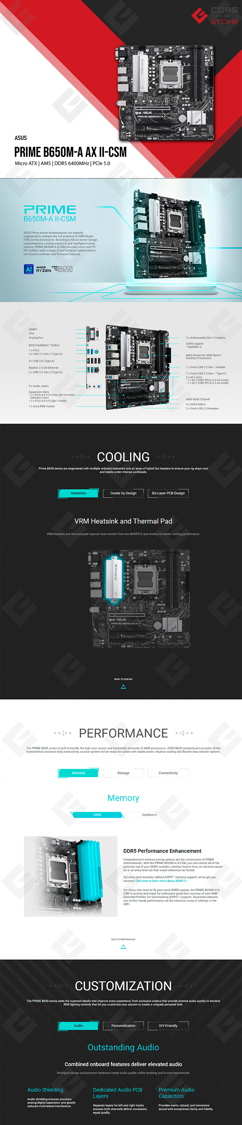 Tarjeta Madre ASUS PRIME B650M-A AX II-CSM, Micro-ATX, Socket AM5, DDR5 6400MHz (OC), PCIe 5.0, Wi-Fi 6, HDMI/DP/VGA, USB 3.2 Gen 2, Aura Sync