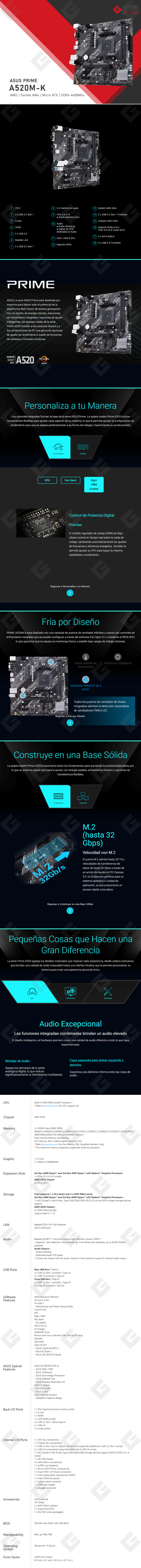 Tarjeta Madre Asus Prime A520M-K, Micro ATX, AM4, DDR4 4600Mhz, M.2
