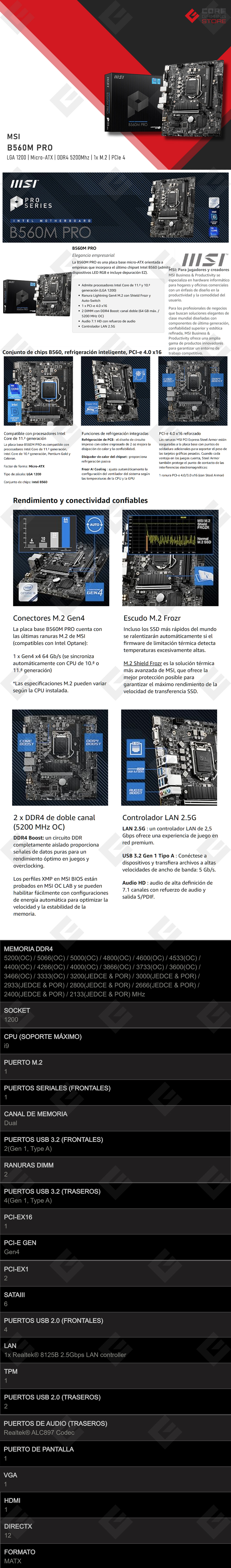 Tarjeta Madre MSI B560M PRO, 10-11 Gen Intel, Micro-ATX, LGA 1200, DDR4 5200Mhz, 1x M.2, PCIe 4.0