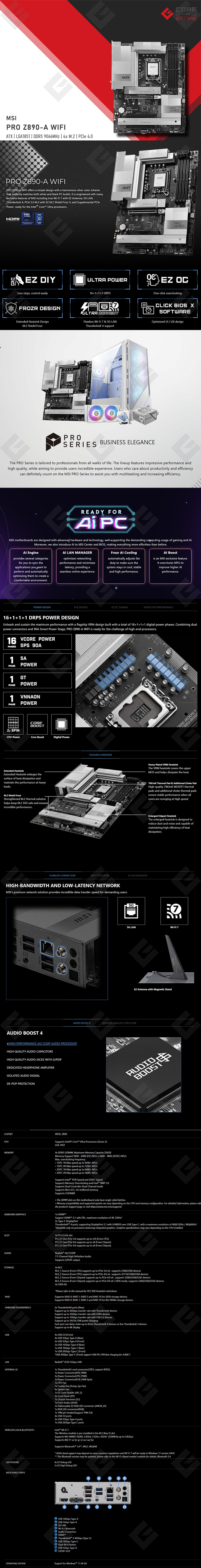 Tarjeta Madre MSI PRO Z890-A WiFi , ATX, LGA1851, DDR5 9,066Mhz OC, x4 M.2, WiFi 7 , Bluetooth 5.4