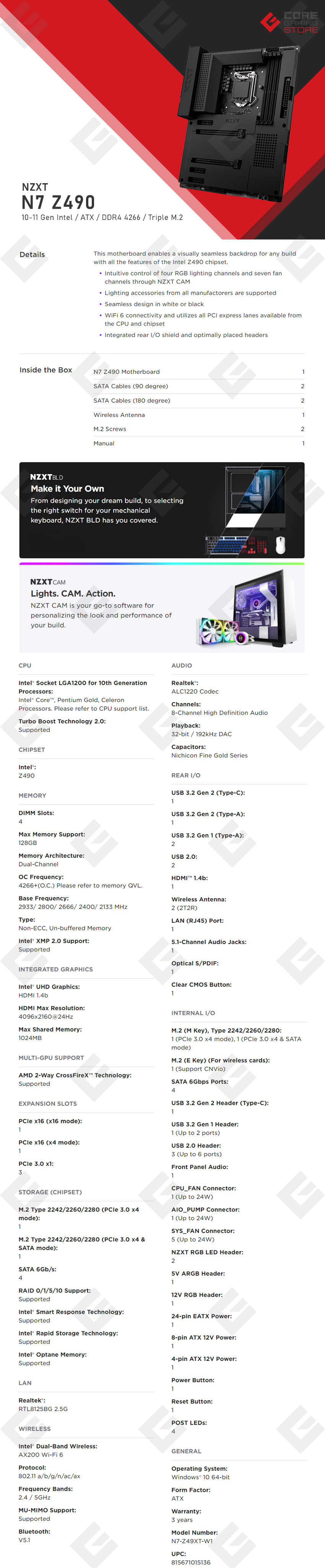 Tarjeta Madre NZXT N7 Z490, 10-11 Gen Intel, LGA 1200, DDR4 4266Mhz OC, ATX, x3 M.2 - N7-Z49XT-B1