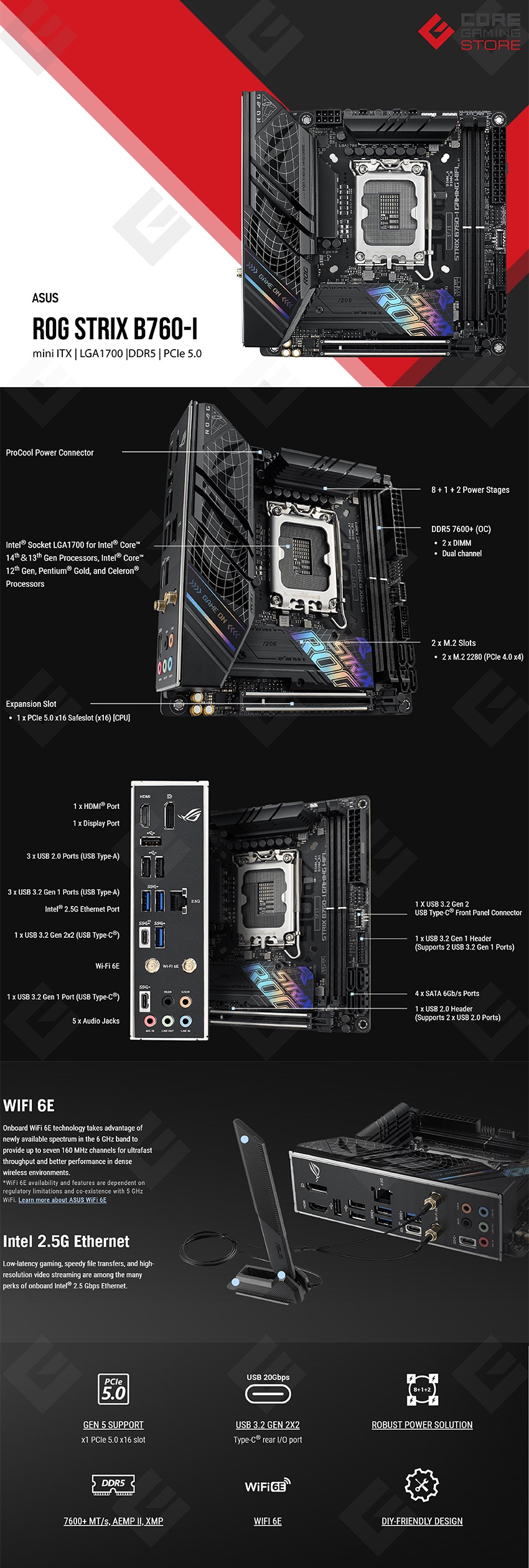 Tarjeta Madre ASUS ROG Strix B760-I Gaming WiFi, Mini-ITX, 12th, 13th & 14th Gen Intel, LGA 1700, DDR5 7600MHz, PCIe 5.0, Wi-Fi 6E, Bluetooth v5.3 - B760-I-ROG-STRIX-GAMING-WIFI