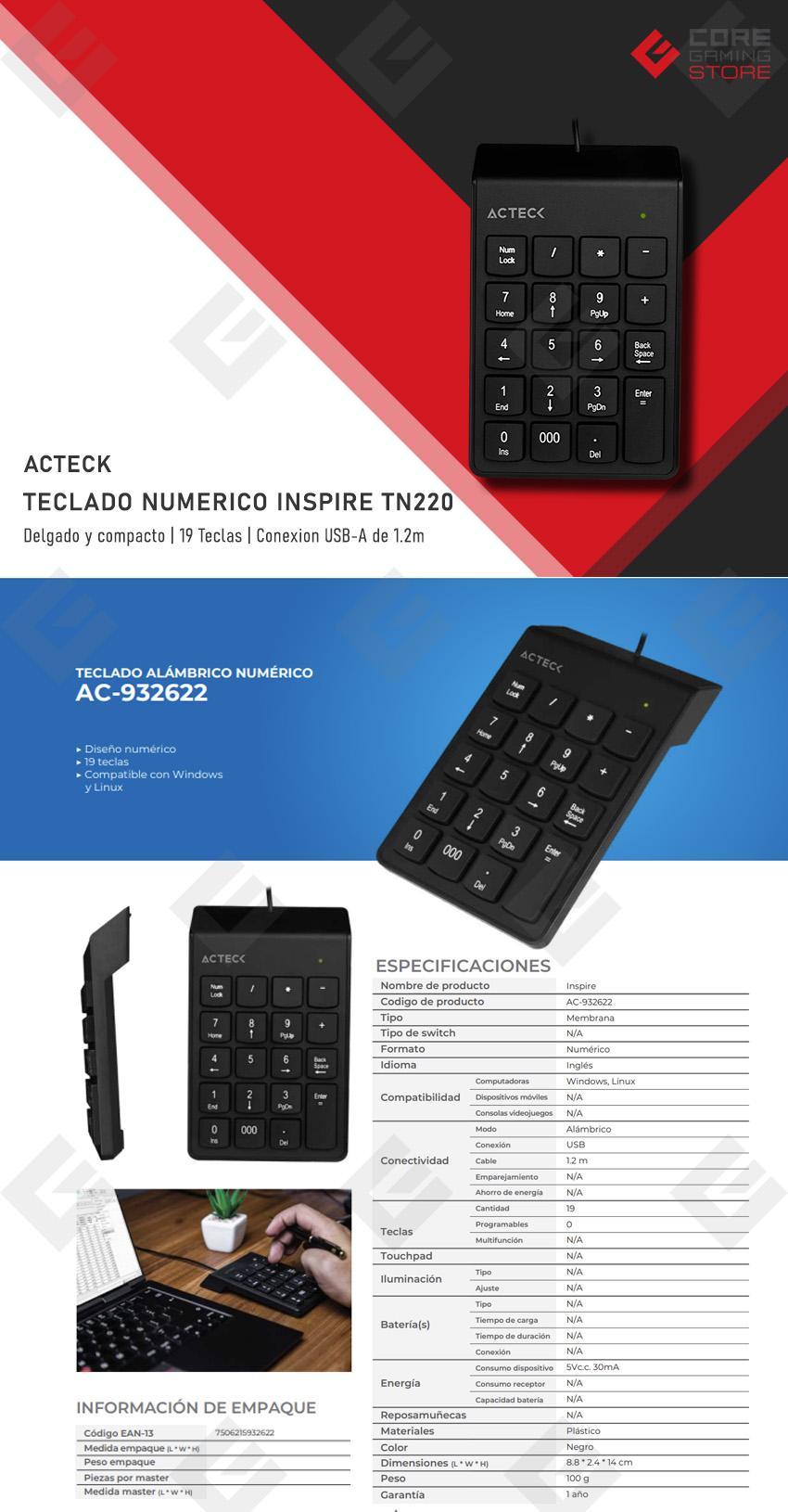 Teclado Numerico Acteck Inspire TN220, 19 Teclas, USB-A a 1.2m - AC-932622