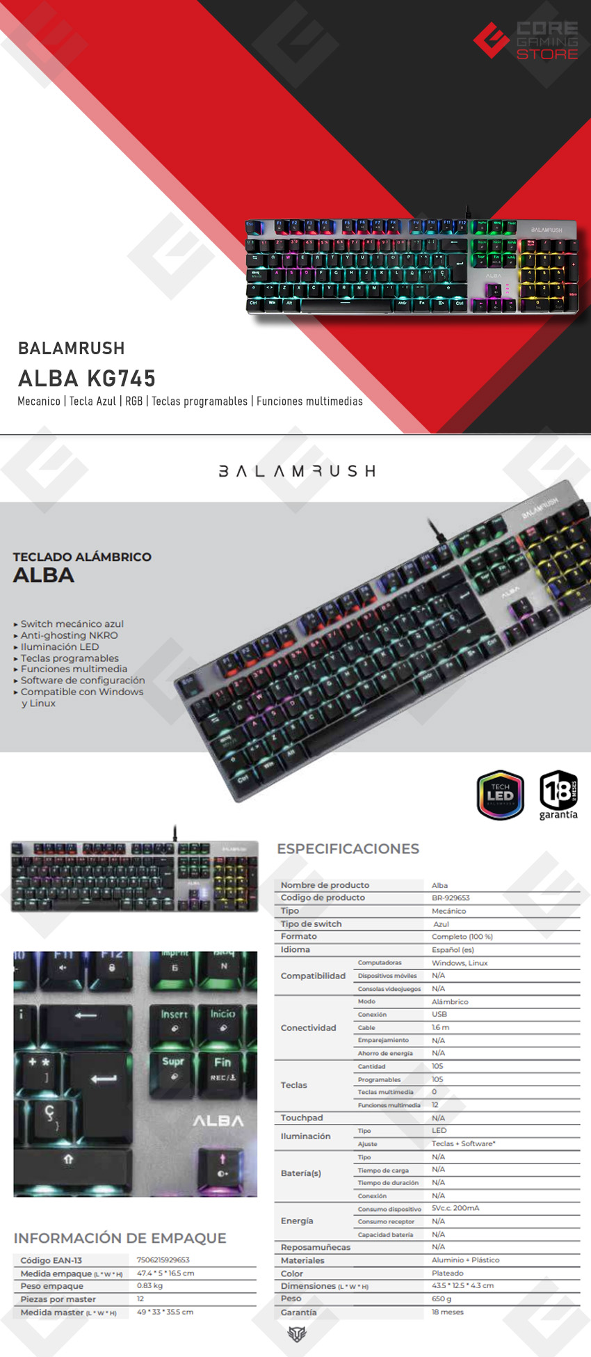 Teclado Gamer Balam Rush Alba KG745, Mecanico, Tecla Azul, RGB, Anti Ghosting, USB, Teclas Programables - BR-929653