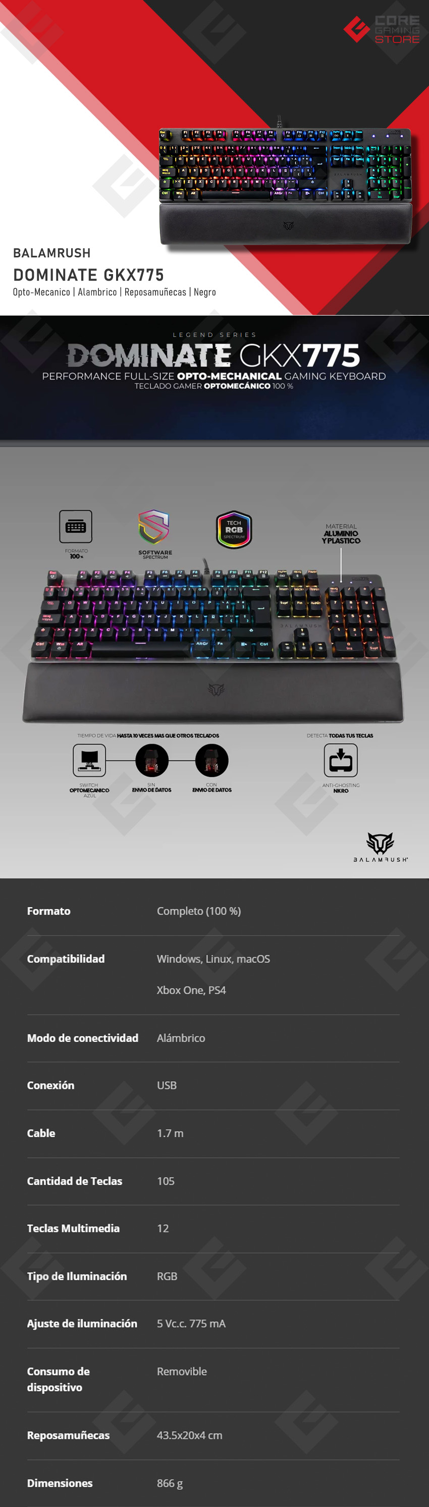 Teclado Gamer BalamRush Dominate GKX775, Opto-Mecanico, RGB, USB, Alambrico, Español - BR-932691