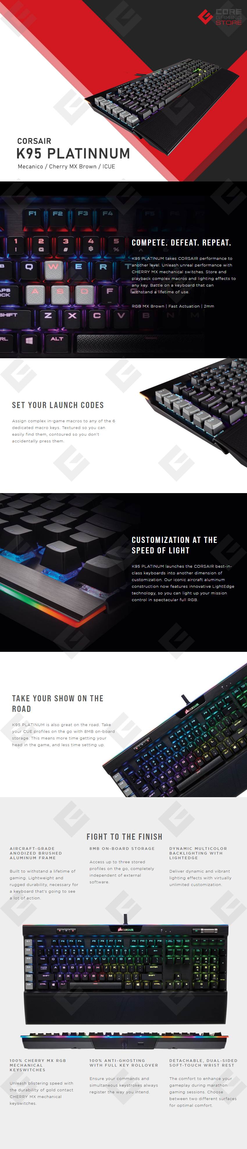 Teclado Mecánico Corsair K95 RGB Platinum, Cherry MX Brown, Ingles (Refurbished) - CH-9127012-NA/RF