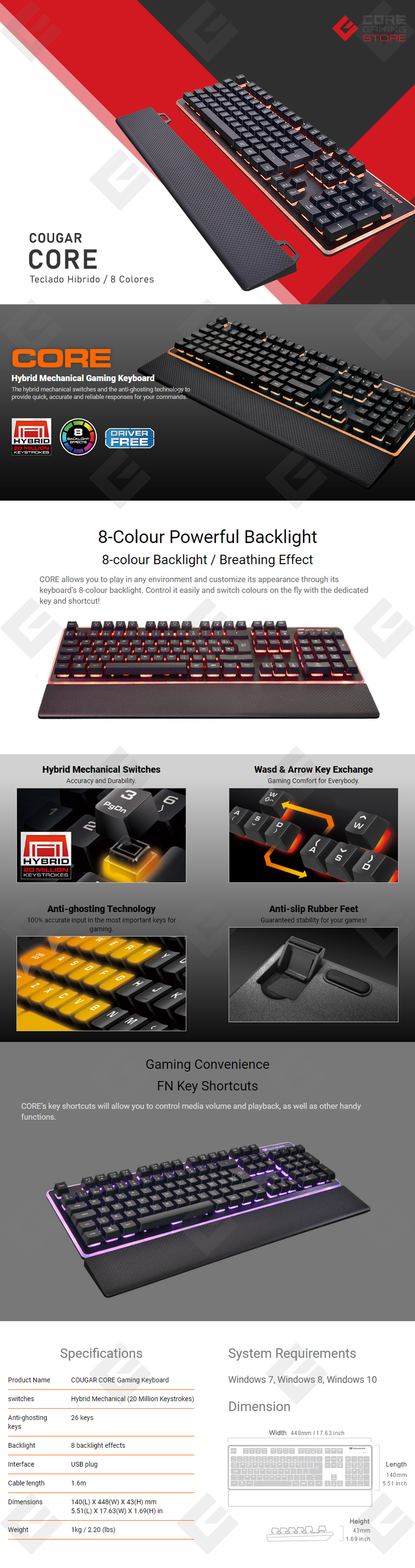 Teclado Hibrido Cougar Core, 8 Colores, Español