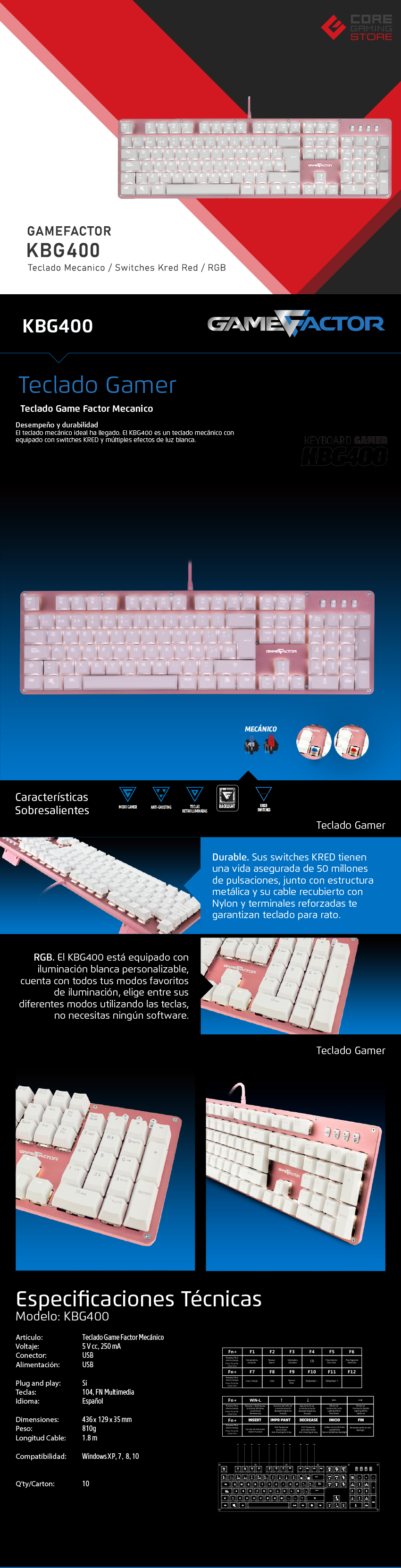 Teclado Mecanico GameFactor KBG400, Retroiluminado, Switch Red, USB, Rosa - KBG400-PK-RD