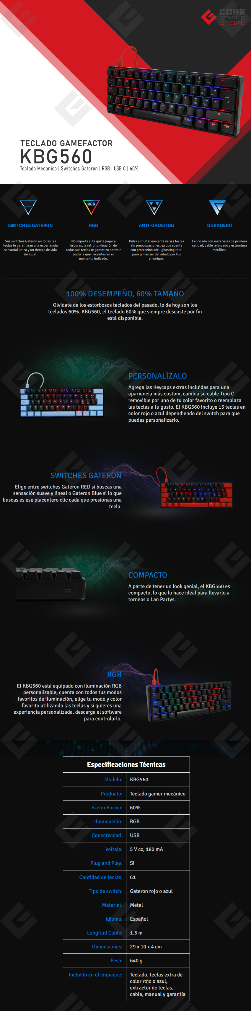 Teclado Gamer Mecanico 60% GameFactor KBG560-BL | Switches Gateron Blue | USB C | RGB | Keycaps Intercambiables
