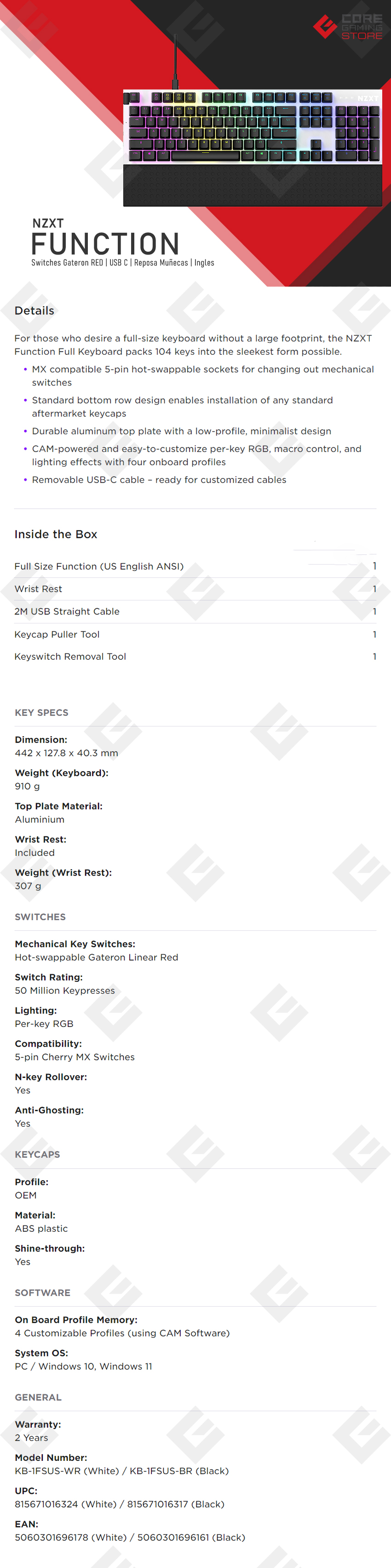 Teclado Mecánico Modular NZXT Function Blanco, Switches Gateron Red, RGB, Hot Swap, USB C, Ingles - KB-1FSUS-WR