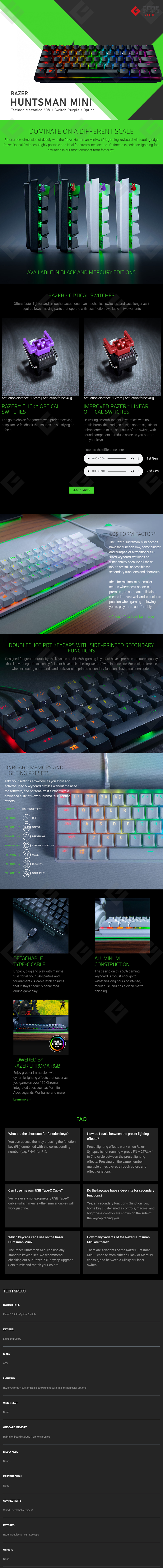 Teclado Mecanico Optico Razer Huntsman Mini, 60%, Switches Optical Purple - RZ03-03390500-R3U1
