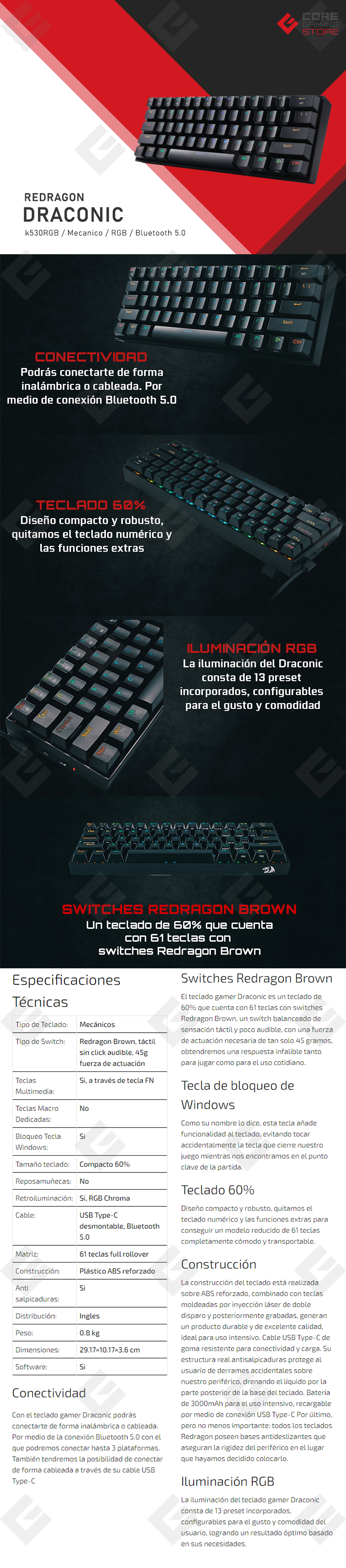 Teclado Mecanico Redragon Draconic K530-RGB Black, 60%, Switches Redragon Brown - 8800-0059 