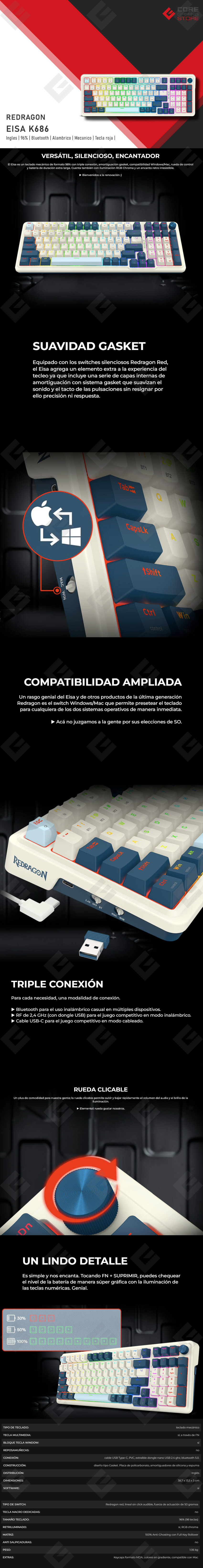 Teclado Gamer Mecánico 96% Redragon Eisa K686, Switches Redragon Red, Alámbrico, Bluetooth, Iluminación RGB, Ingles