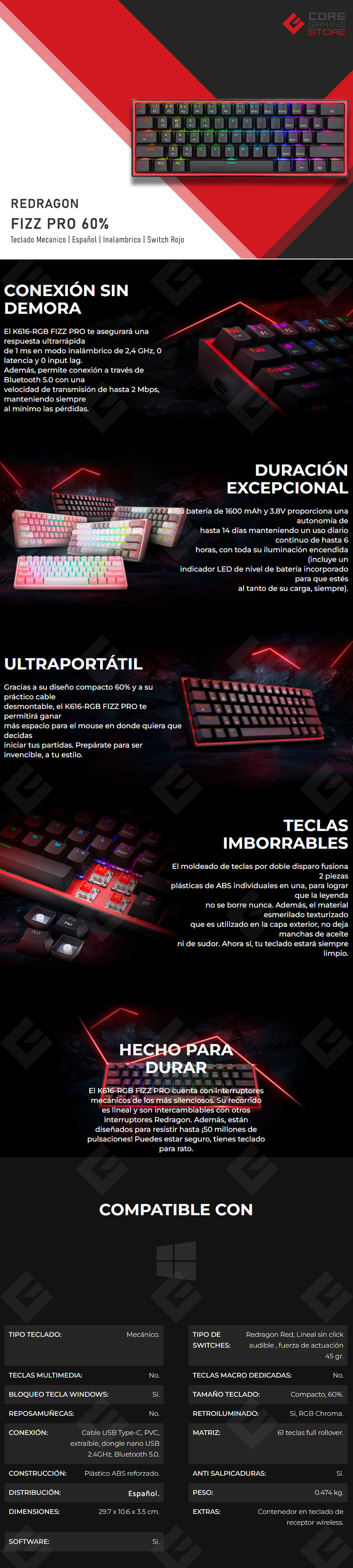 Teclado Gamer Mecánico 60% Redragon Fizz Pro Black, Switches Redragon Red, Inalámbrico, USB 2.4Ghz, Bluetooth 5.0, Iluminación RGB, Español - K616-RGB-B