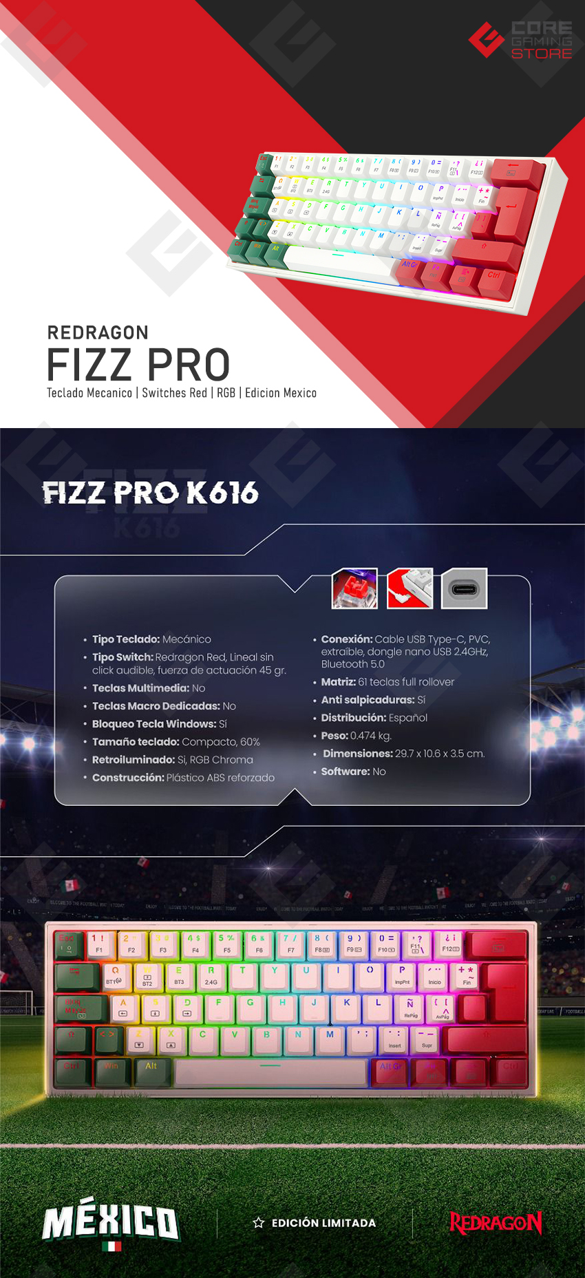 Teclado Gamer Mecanico 60% Redragon Fizz Pro Mexico, Switches Redragon Red, Inalámbrico, USB 2.4Ghz, Bluetooth 5.0, Iluminacion RGB, Español - K616-RGB FIZZ-MX