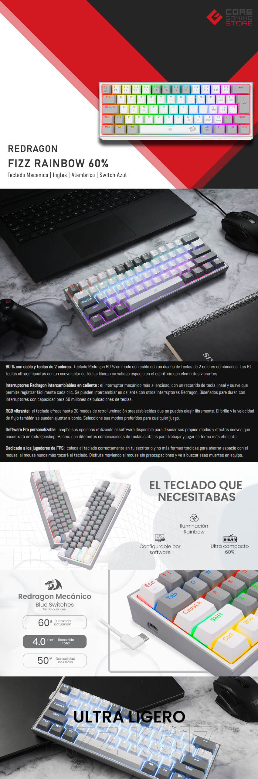 Teclado Gamer Mecánico 60% Redragon Fizz Rainbow, Switches Redragon Blue, Alámbrico, Iluminación RGB, Ingles - K617-R WG